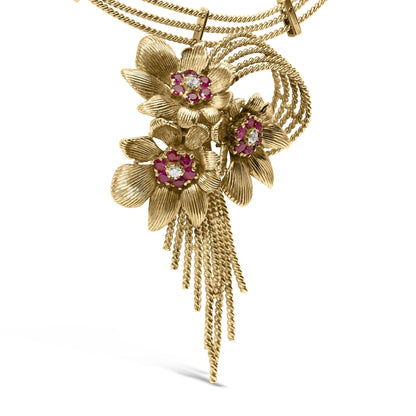 18K Yellow Gold Diamond and Red Ruby Floral Cascade Statement Necklace with 16" Inch Bead Chain (F-G Color, VS1-VS2 Clarity)-2
