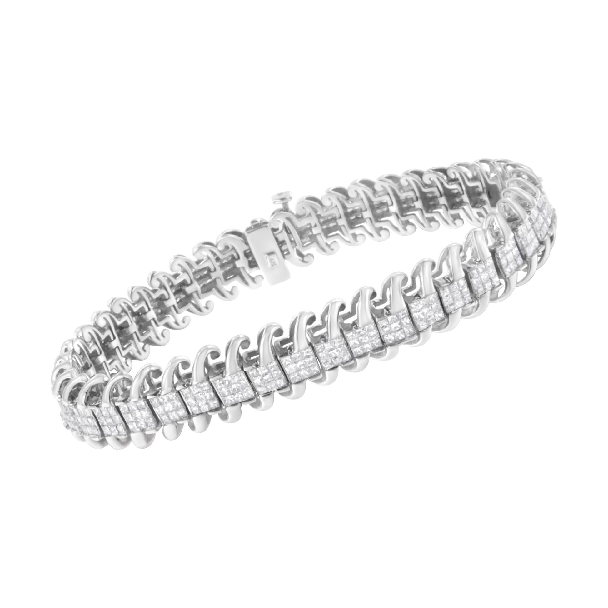 14K White Gold 5.0 Cttw Princess Cut Diamond 7" Invisible Set Wavy S-Link Tennis Bracelet (G-H Color, SI1-SI2 Clarity)-2