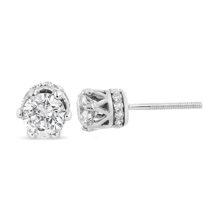 14K White Gold 2.0 Cttw Round Cut Prong-Set Diamond Crown Stud Earring (I-J Color, I1-I2 Clarity)-2