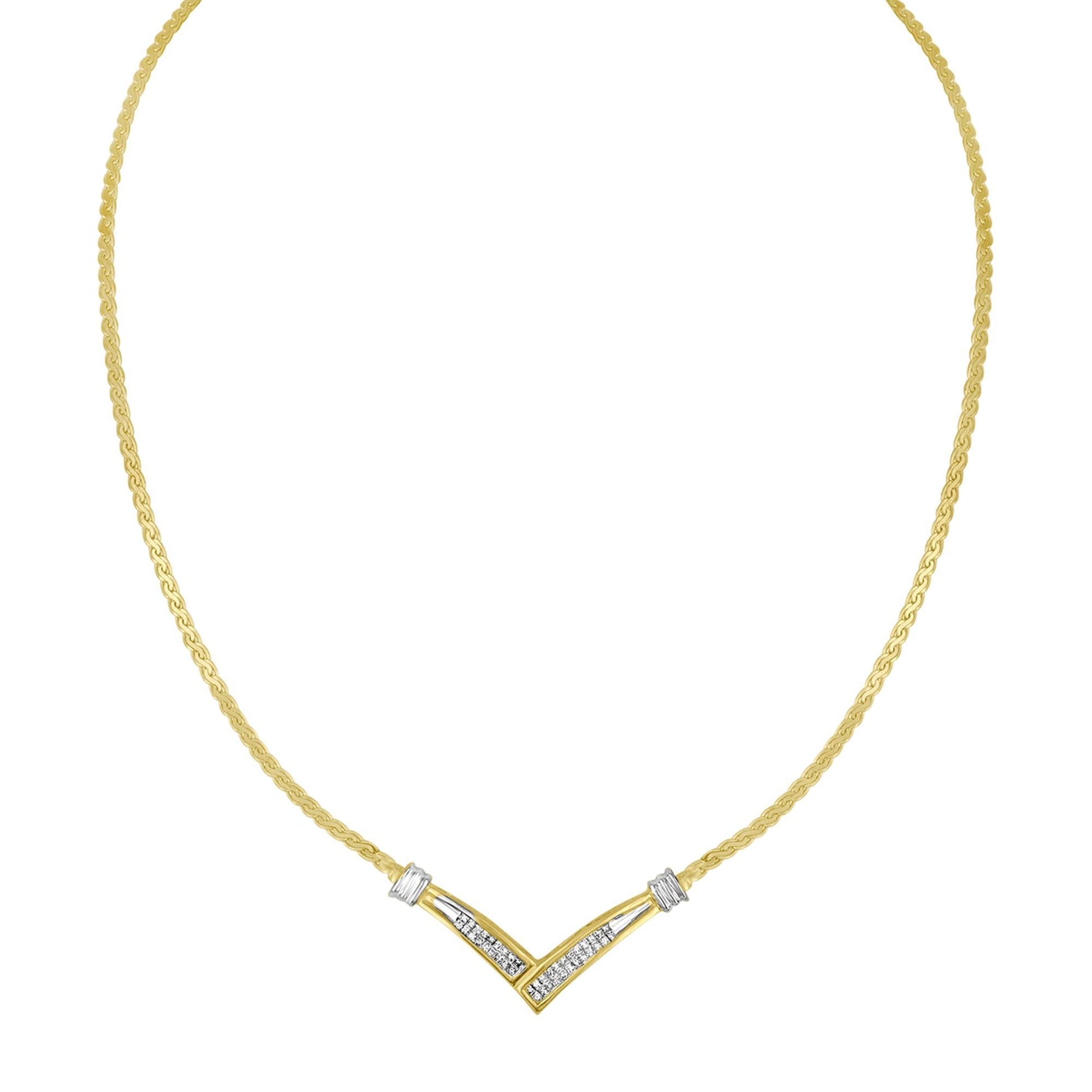 10K Yellow and White Gold 1/2 Cttw Princess Cut Diamond Channel-Set “V” Shape 18" Franco Chain Necklace (H-I Color, SI2-I1 Clarity)-2