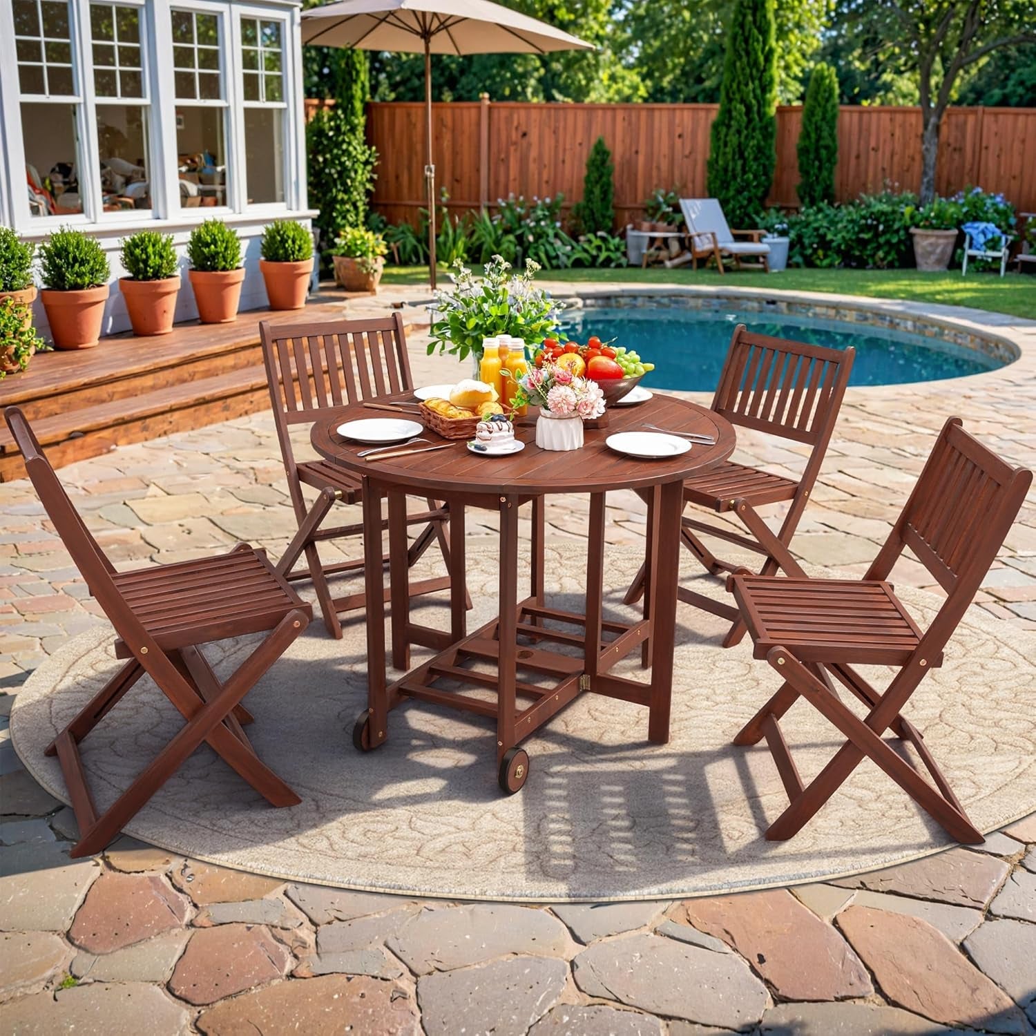 5 Piece Patio Dining Set Outdoor Acacia Wood Furniture All-Weather Folding round Table and Chairs for Backyard, Balcony, Porch, Deck, Garden, Dark Brown-1