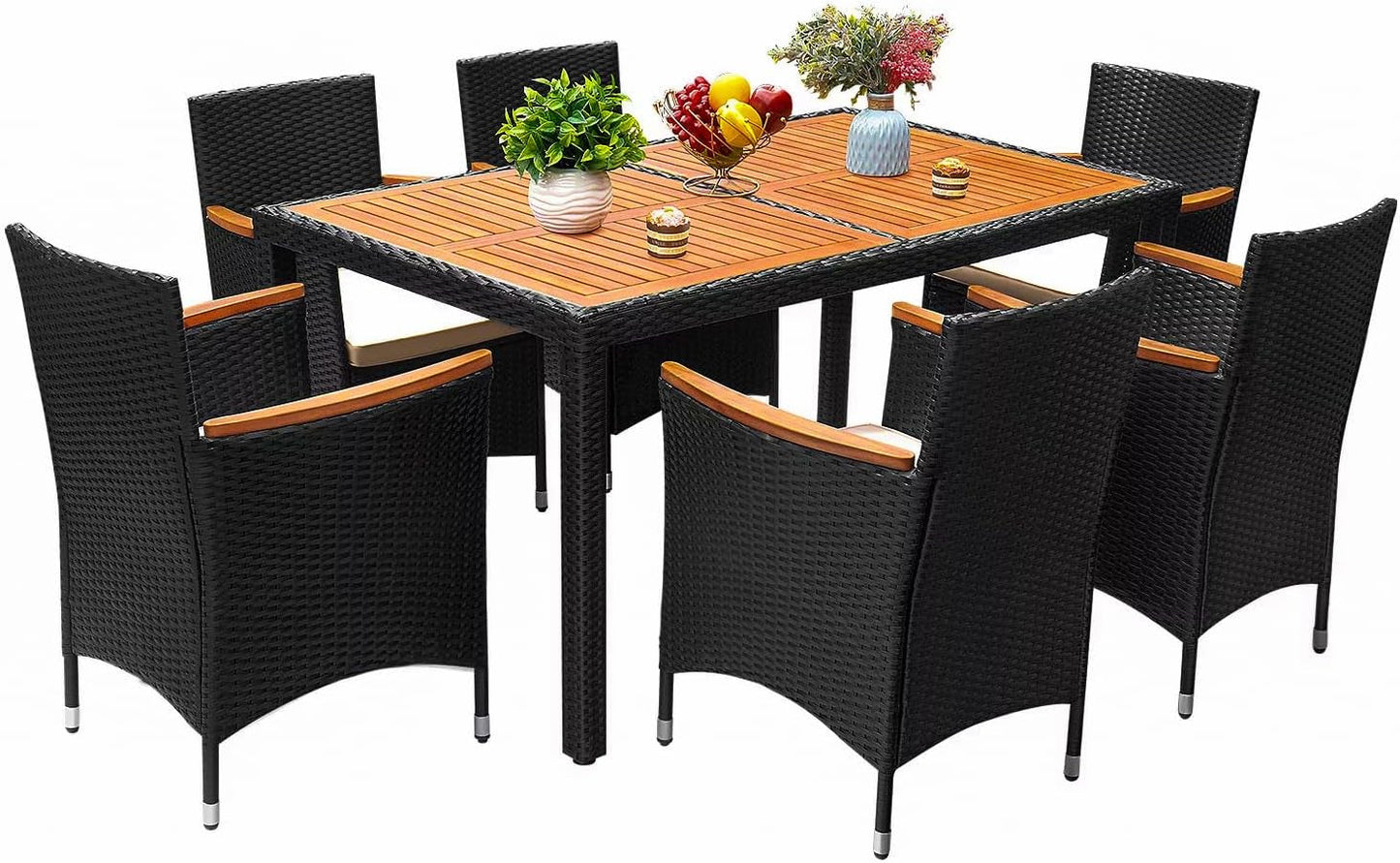 7 Piece Patio Dining Set Outdoor Acacia Wood Table and Chairs with Soft Cushions Wicker Patio Furniture for Deck, Backyard, Garden-0