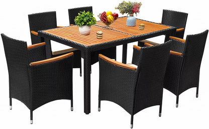 7 Piece Patio Dining Set Outdoor Acacia Wood Table and Chairs with Soft Cushions Wicker Patio Furniture for Deck, Backyard, Garden-0