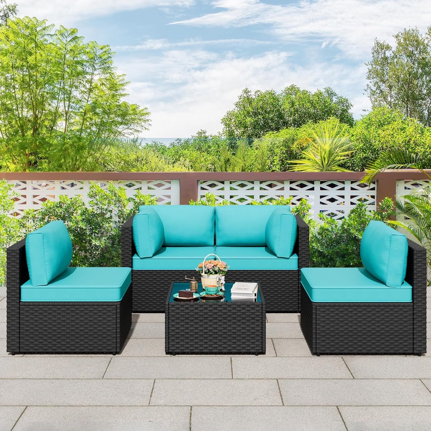 Five Piece Black Wicker Outdoor Patio Furniture Set
