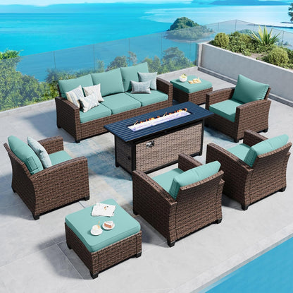 Patio Furniture Set Outdoor Furniture Brown Wicker Rattan Patio Conversation Sets with Cushion outside Sofa Set,7 Pieces with Rectangular Firepit Table,9 Seats,Blue-0