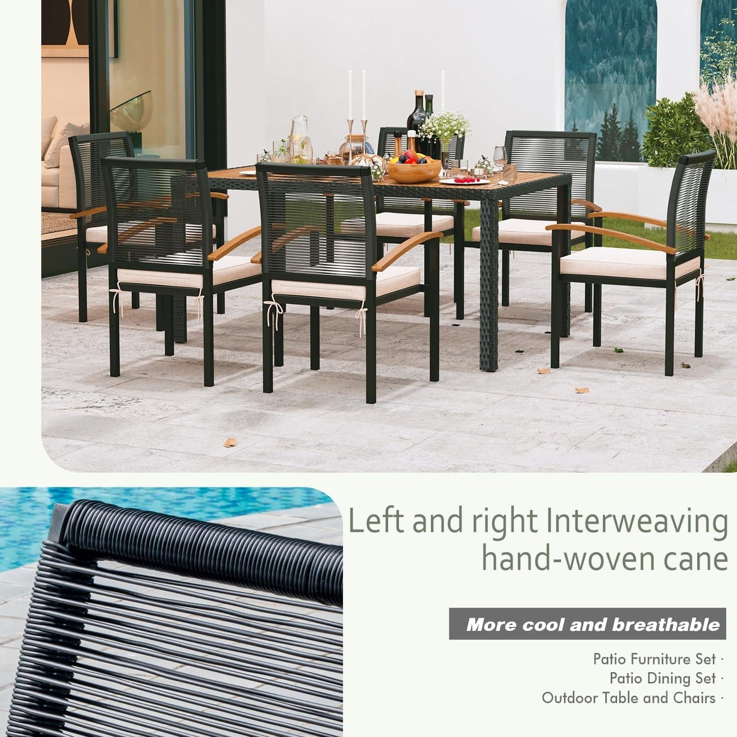 AERBUSKE 7 Pieces Outdoor Table and Chairs Set Outdoor Patio Furniture Set Wicker Patio Dining Sets for 6 Patio Table and Chairs Set Outdoor Furniture Set for Garden Yard Porch Poolside