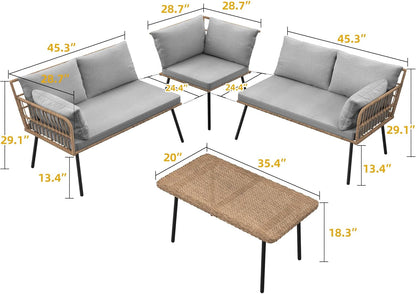 Patio Furniture Set, 4 Pieces Wicker Outdoor Conversation Set Sectional L-Shaped Sofa with 5 Seater for Backyard, Porch, Boho Detachable Lounger with Cushions and Side Table - Grey-3