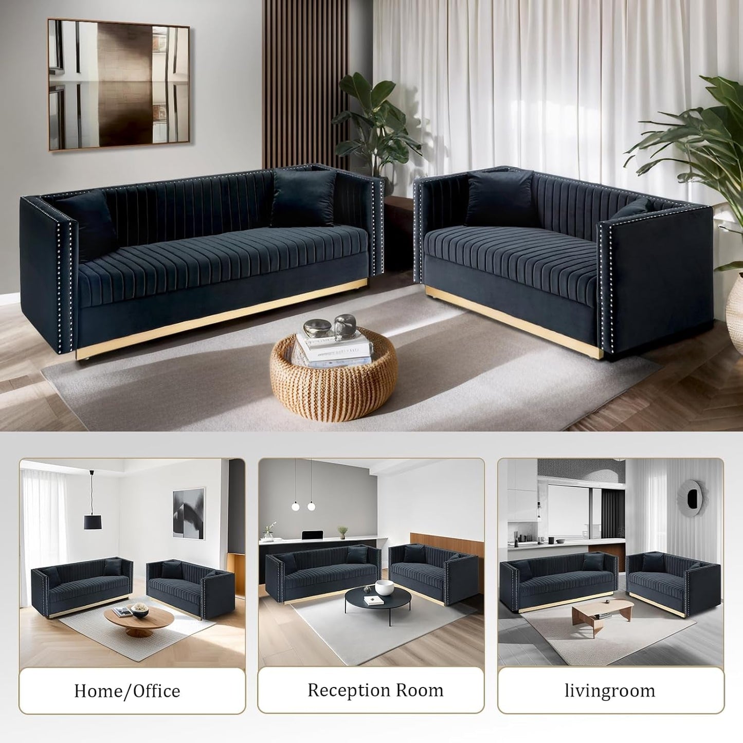 Luxury Velvet L-Shaped Sofa Set Gold Legs-3