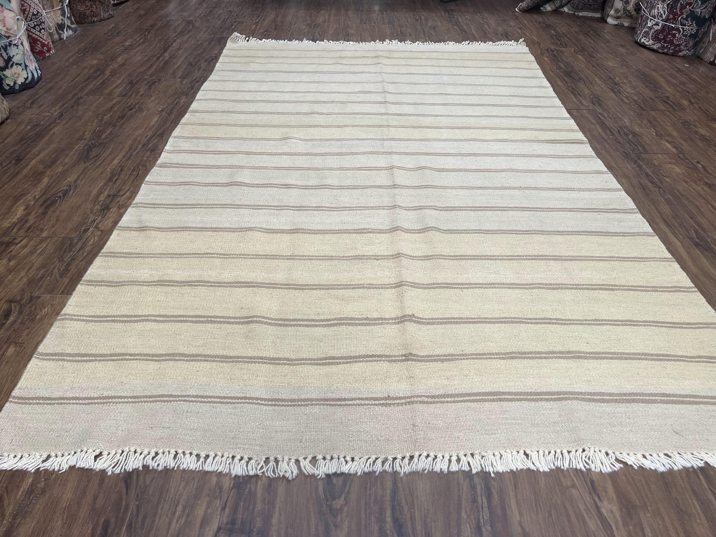 New Turkish Kilim Rug 5x8 Flatweave Carpet, Bohemian Rug, Contemporary Rug, Hand Woven, Wool Area Rug, Gray and Taupe, Striped Pattern