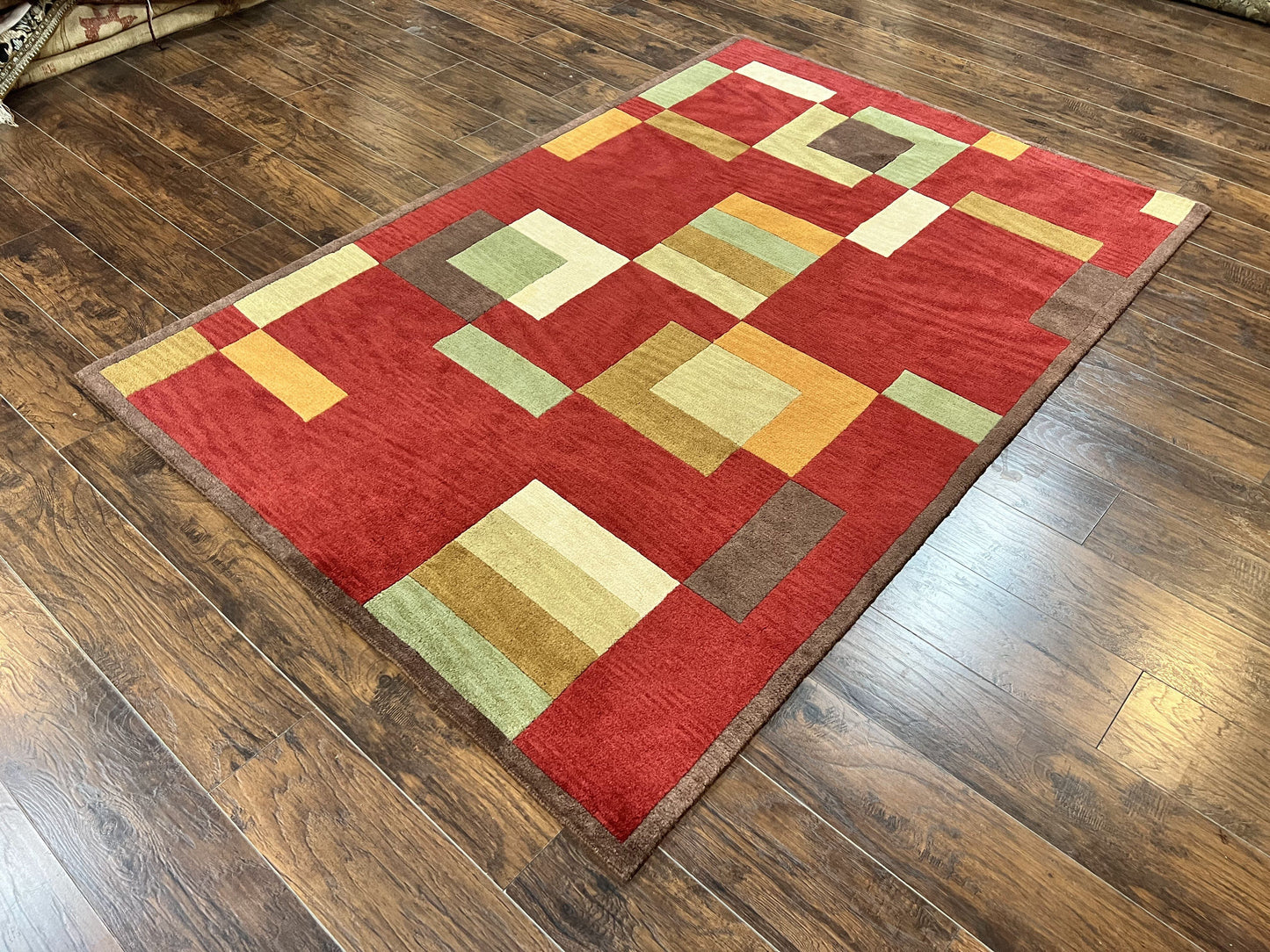 Indo Tibetan Modern Rug 5x8, Abstract Rug 5 x 8 ft, Red Multicolor Wool Handmade Contemporary Area Rug-1