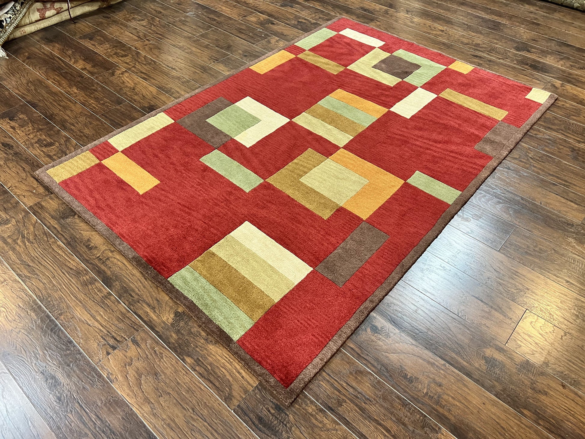 Indo Tibetan Modern Rug 5x8, Abstract Rug 5 x 8 ft, Red Multicolor Wool Handmade Contemporary Area Rug-1