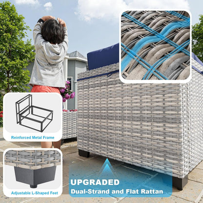 7-Piece Patio Furniture Set, Outdoor Patio Furniture with Thick Cushions, Modular Patio Sofa, Dual-Strand Wicker Rattan, Rust-Resistant Frame, Backyard Furniture for Garden, Deck, Navy Blue
