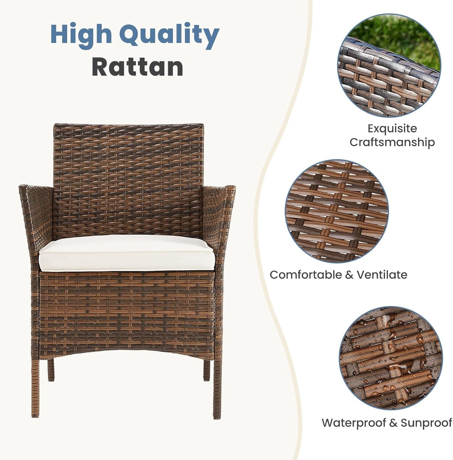 Patio Furniture Set 3 Pieces, Outdoor Wicker Furniture with Coffee Table, Modern Rattan Patio Chairs Conversation Sets with Sofa for Garden, Terrace, Porch, Balconies, Lawns(Brown and Beige)-1