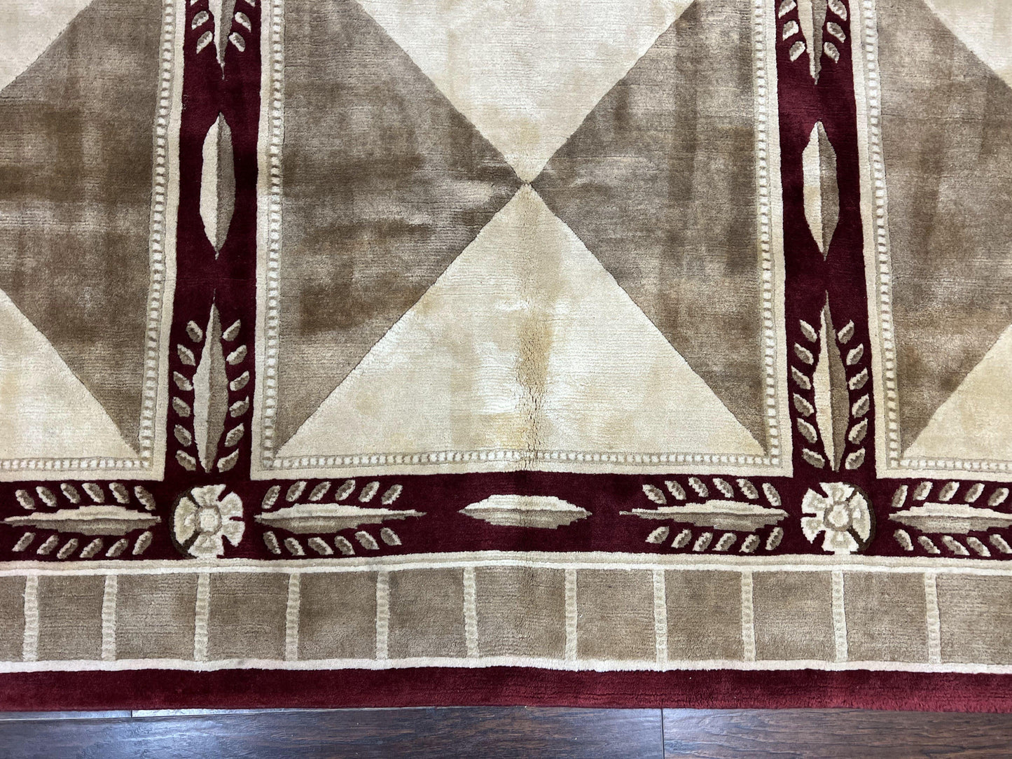 Indo Tibetan Rug 10x14, Nepali Carpet, Large Soft Wool Area Rug, Olive Tan Maroon, Contemporary Rug 10 x 14 ft Living Room Rug, Handmade Rug