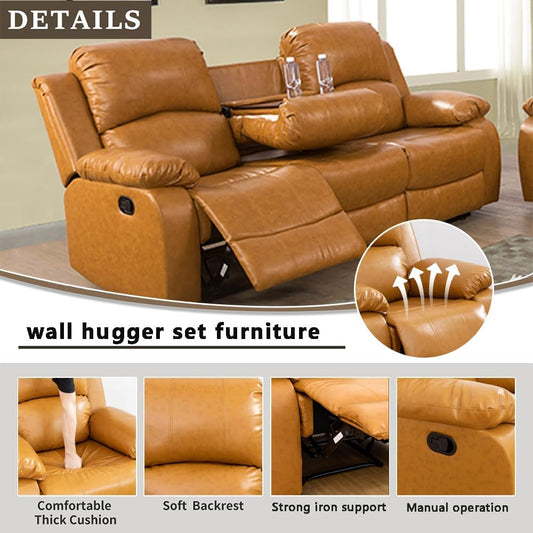 Living Room Furniture Set Leather Recliner Sofa Set Loveseat Chair Furniture Sofa Set for Living Room/Small Space/Rv/House/Office/Theater Seating (A-Ginger Leather, Sofa(3Seater))