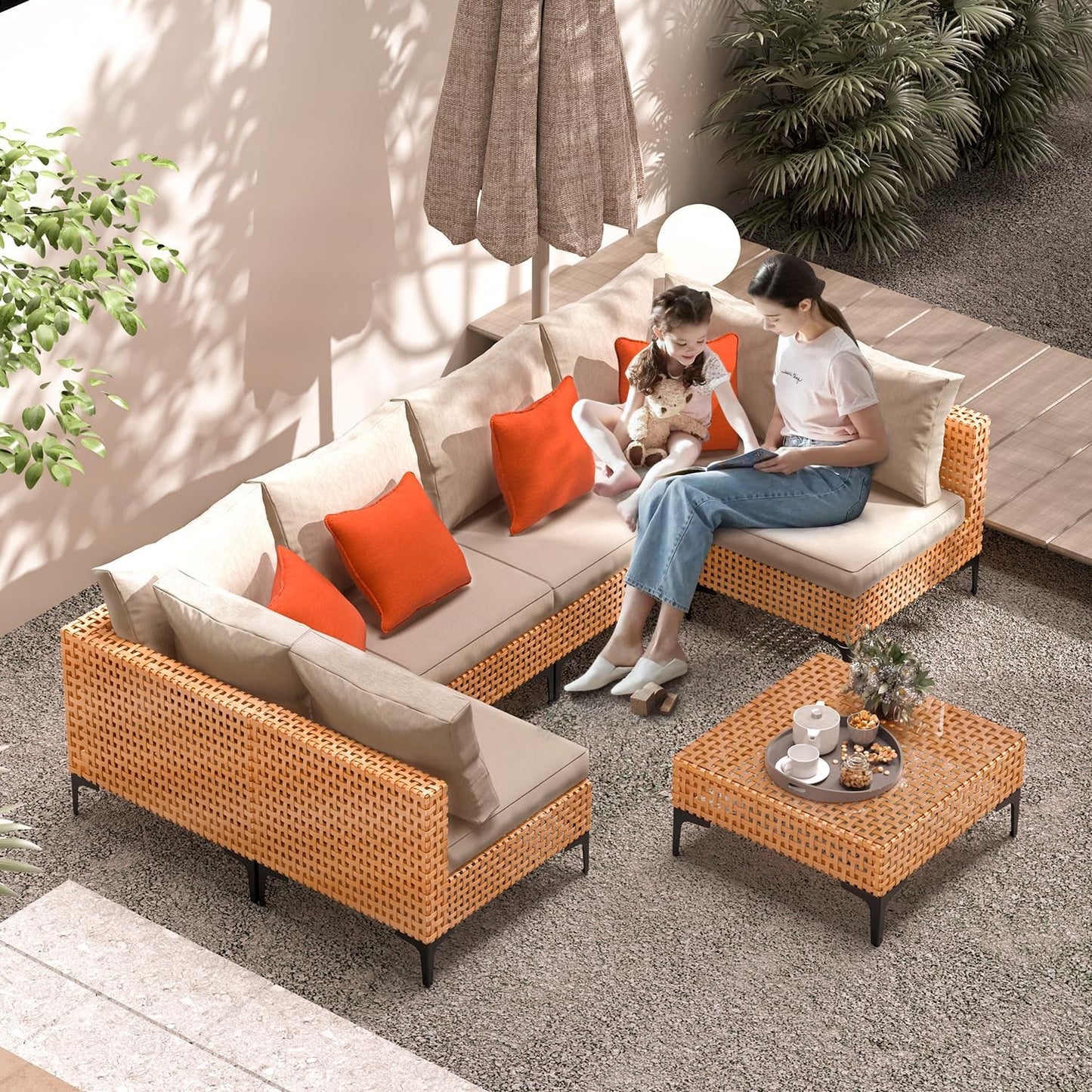 5 Piece Outdoor Patio Furniture Set Modular Outdoor Furniture Set Wicker Outdoor Sectional Sofa with Cushions Table Patio Set for Balcony Porch Deck Yard (Salmon&Orange Wicker, Sand Cushion)