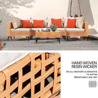 5 Piece Outdoor Patio Furniture Set Modular Outdoor Furniture Set Wicker Outdoor Sectional Sofa with Cushions Table Patio Set for Balcony Porch Deck Yard (Salmon&Orange Wicker, Sand Cushion)