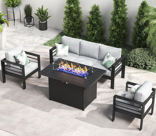 Aluminum Furniture Set with Fire Pit Table, 4 Pieces Patio Sectional Conversation Chat Sofa Modern Seating Set-0