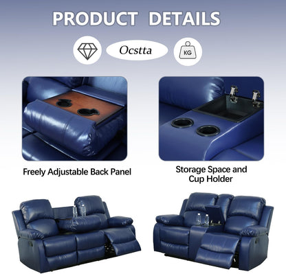 Manual Leather Recliner Sofa Set for Living Room Furniture Set,Leather Recliner Couch Set for Home/Office,Leather Couch Set for 3-Pieces(Sofa+Loveseat+Chair) Blue-2