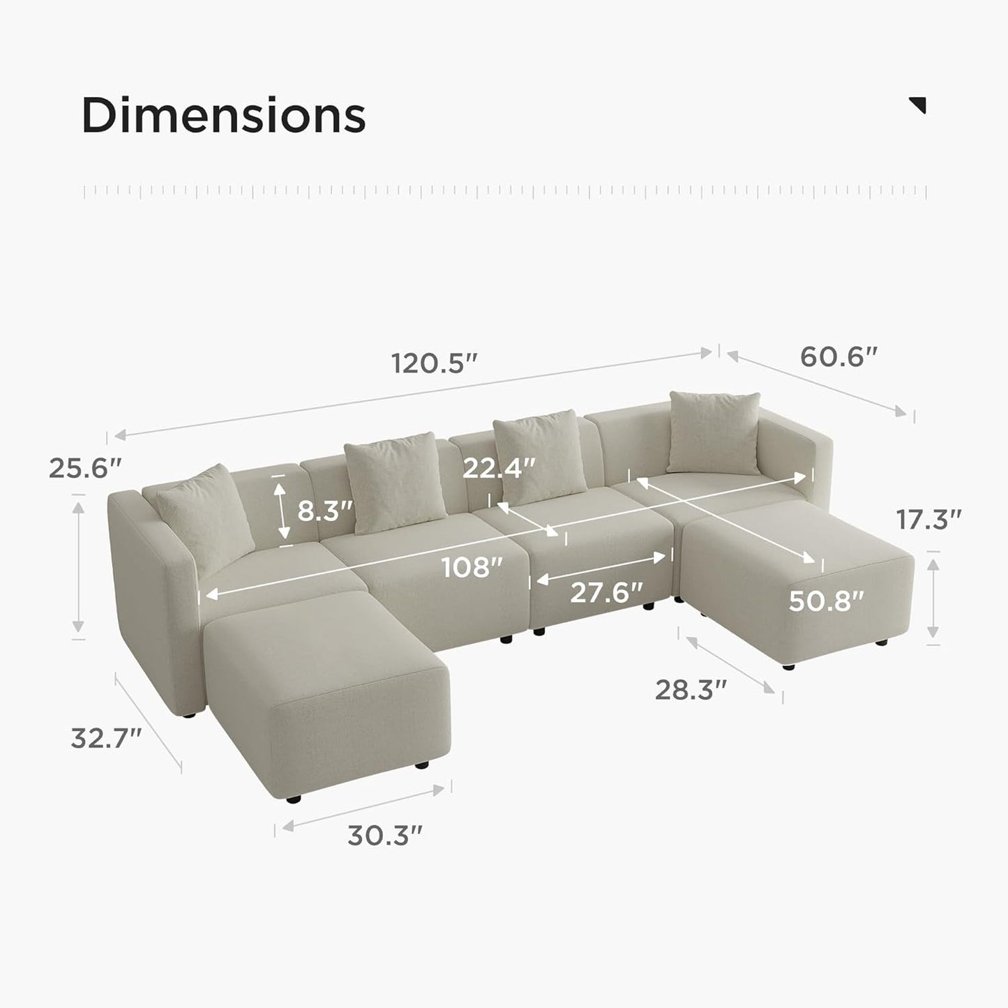 Convertible Modular Sectional Sofa, Modern Linen-Like Fabric Living Room Furniture Set with Reversible Chaise Lounge, Cream U-Shape Couch-1