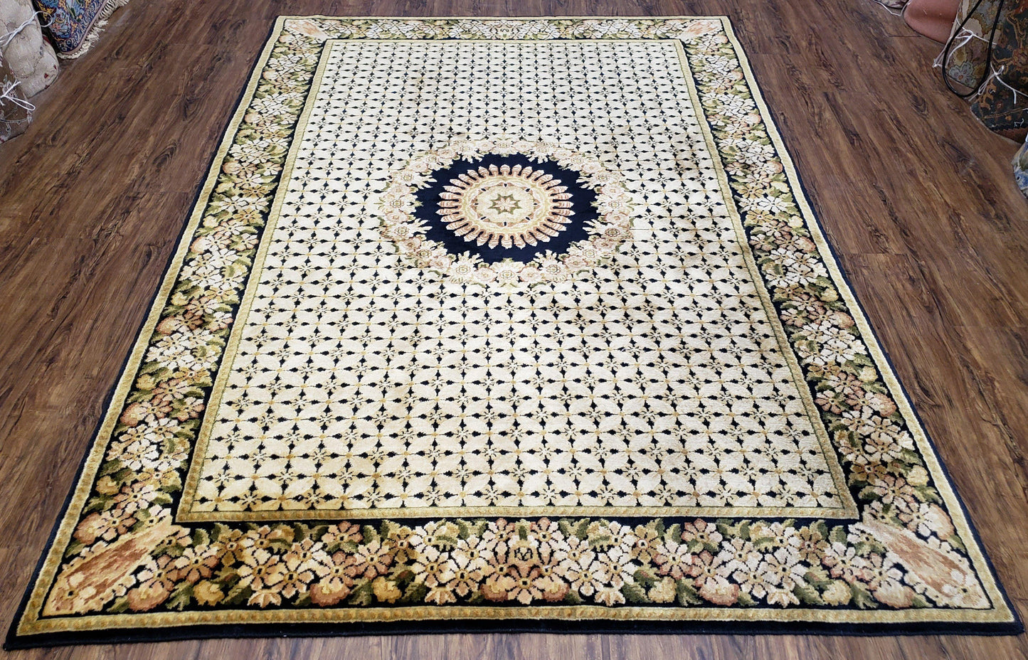 Indian Rug with Tibetan Weave, 6x8 - 6x9 Rugs, Indo-Tibetan Rug, Black and Cream Beige Tan, Floral Border, Soft Rug, Handmade Area Rug, Wool