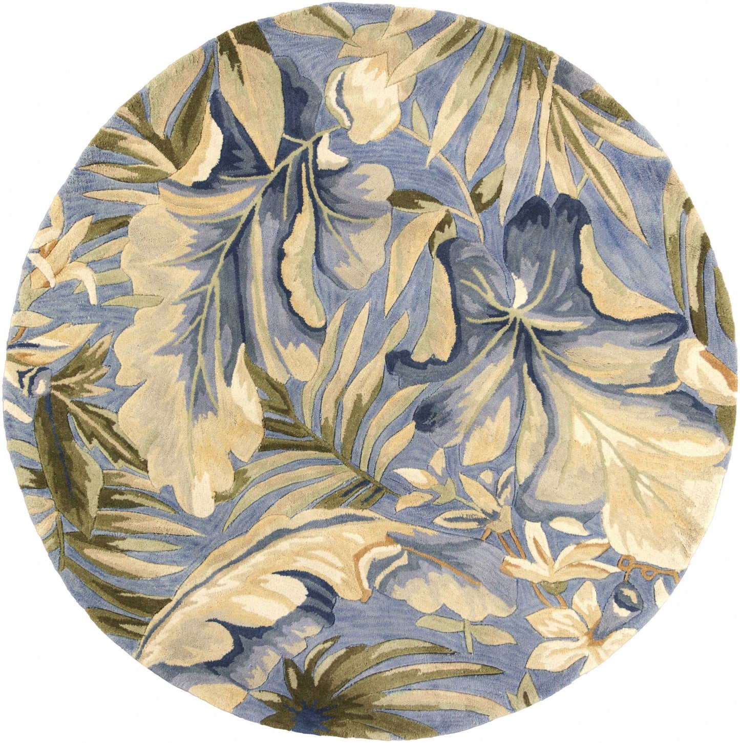 8' Blue Beige And Green Wool Tropical Botanical Hand Tufted Round Rug