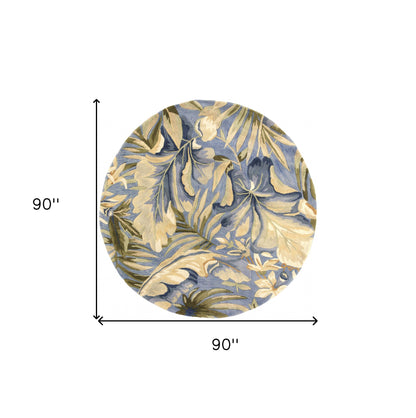 8' Blue Beige And Green Wool Tropical Botanical Hand Tufted Round Rug