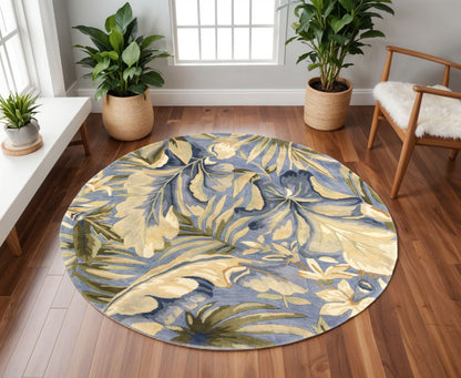 8' Blue Beige And Green Wool Tropical Botanical Hand Tufted Round Rug