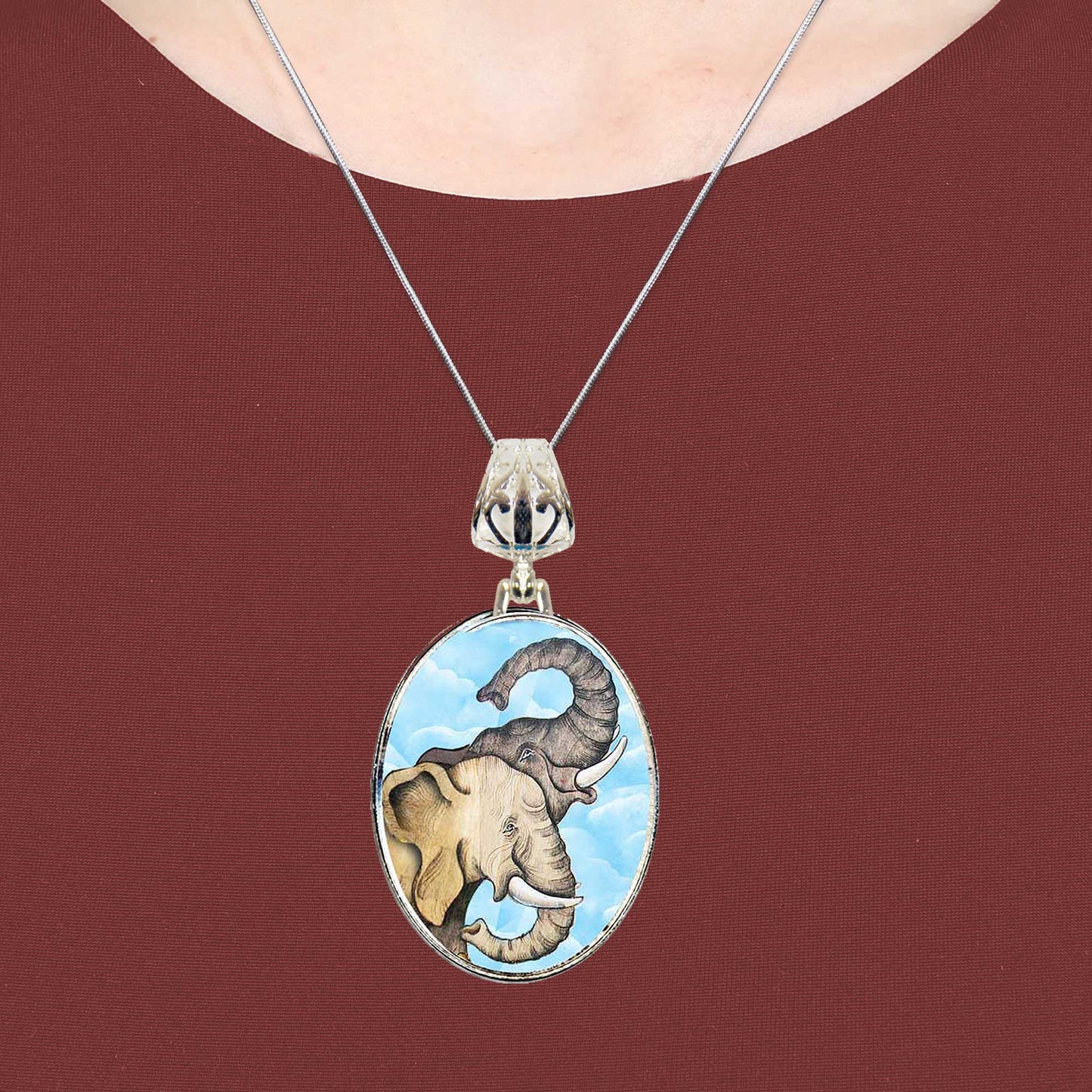 Elephant Trunks Silver Plated Mother of Pearl Jewelry Necklace - 44017-2