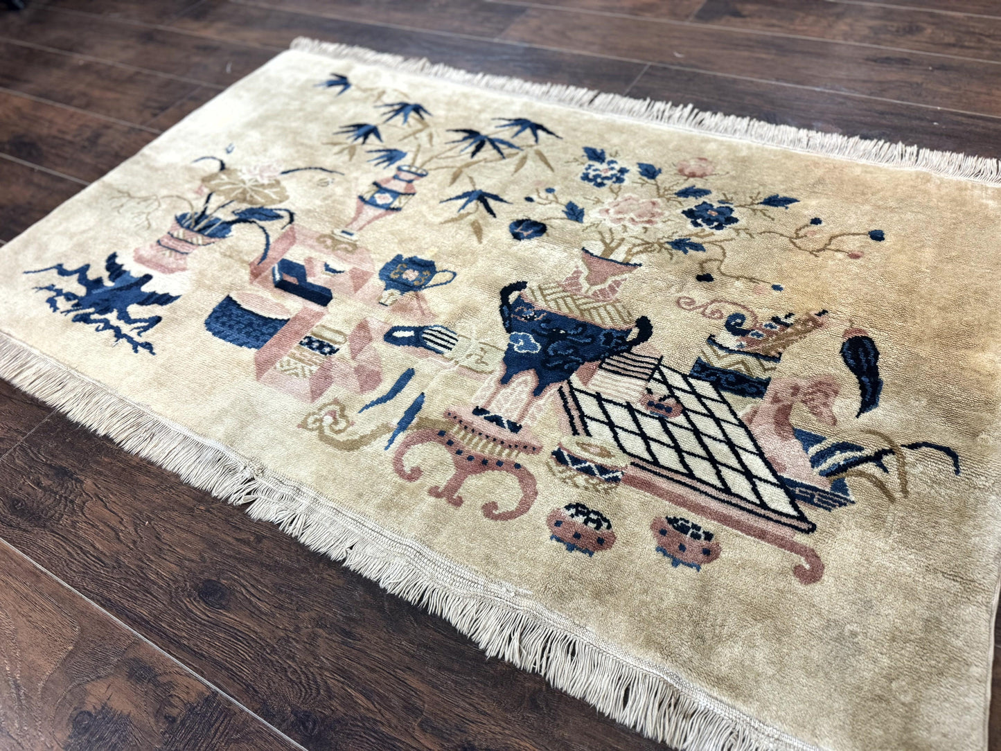 Chinese Rug 5x3, Horizontal Rug, Vases Flowers, Handmade Antique Vintage Carpet, Peking Rug, Chinese Wool Rug