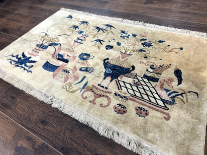 Chinese Rug 5x3, Horizontal Rug, Vases Flowers, Handmade Antique Vintage Carpet, Peking Rug, Chinese Wool Rug