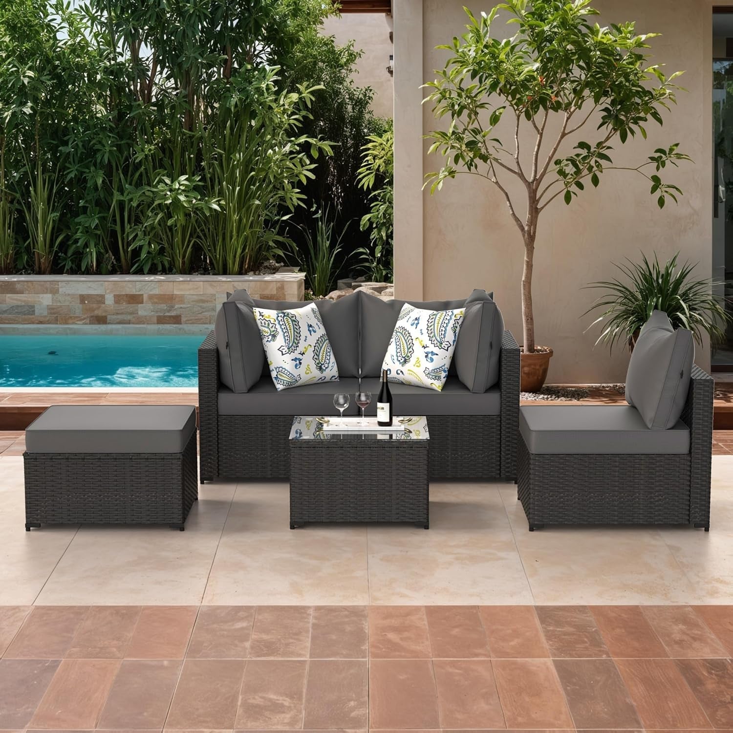 Patio Furniture Set Outdoor Sectional Sofa with Ottoman Wicker Couch Rattan Patio Modular Seating 5 Pieces Conversation Sets Front Porch Decor for Backyard, Balcony, Garden, Deck (Grey)-4