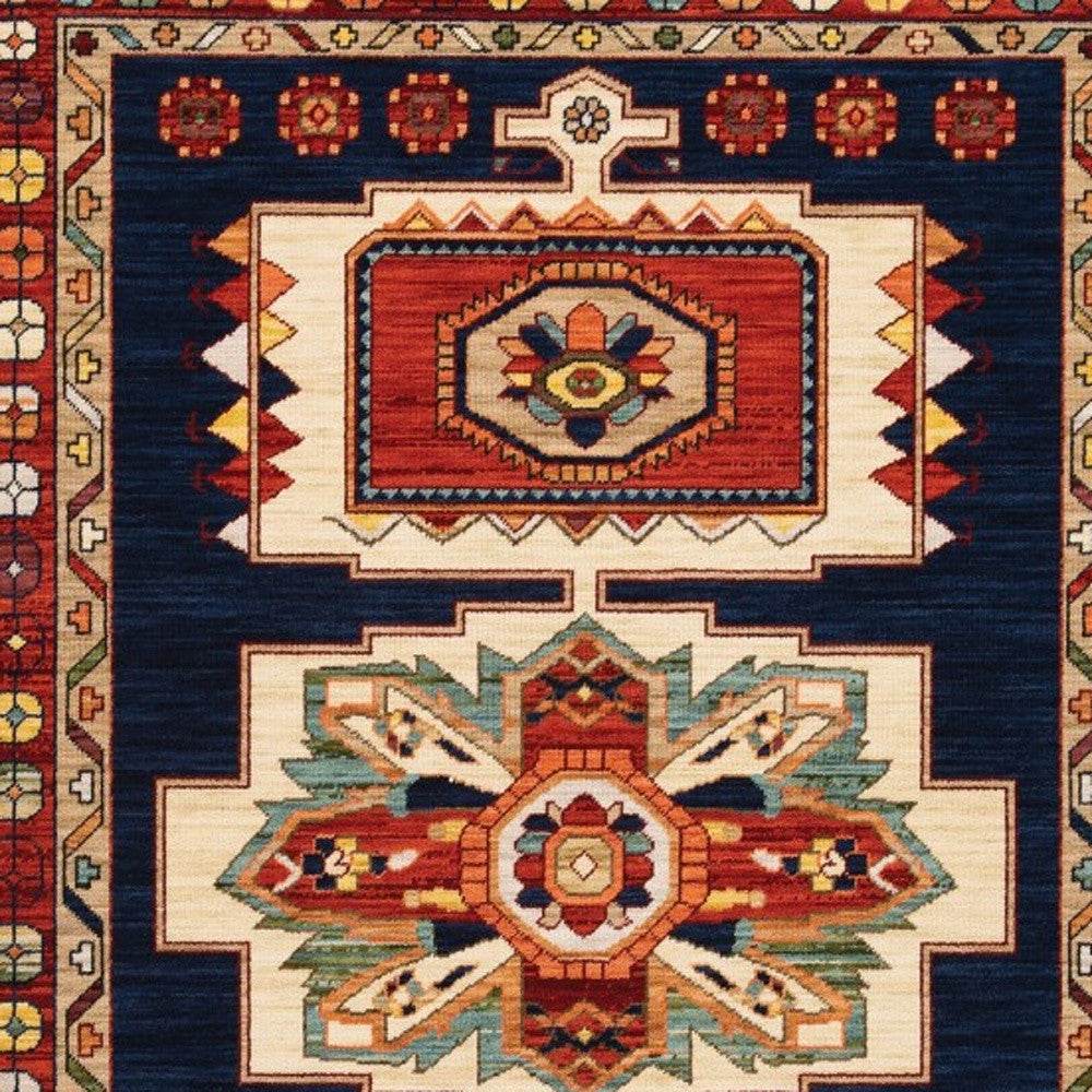 7' X 10' Blue And Red Medallion Area Rug