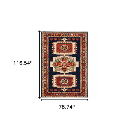 7' X 10' Blue And Red Medallion Area Rug