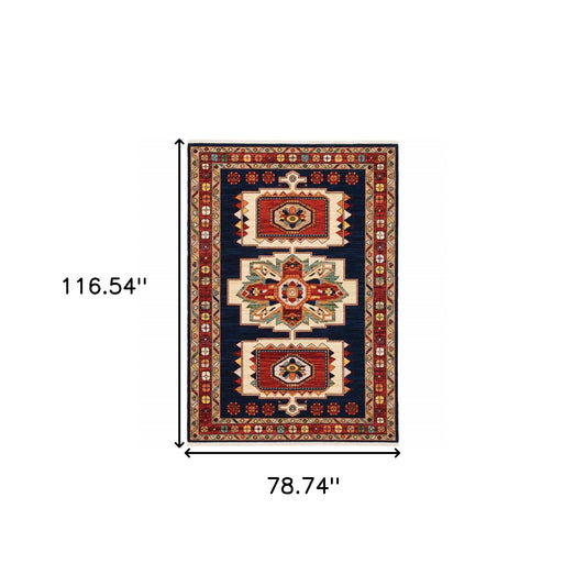 7' X 10' Blue And Red Medallion Area Rug