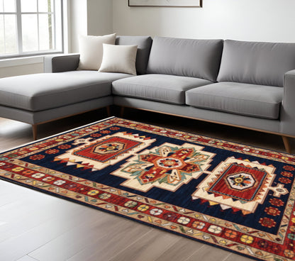 7' X 10' Blue And Red Medallion Area Rug