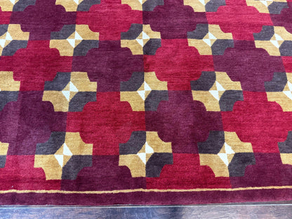 Modern Tibetan Rug 5 x 6.8, Wool, Red, Allover Pattern, Nepali Rug, Abstract Rug, Handmade Area Rug