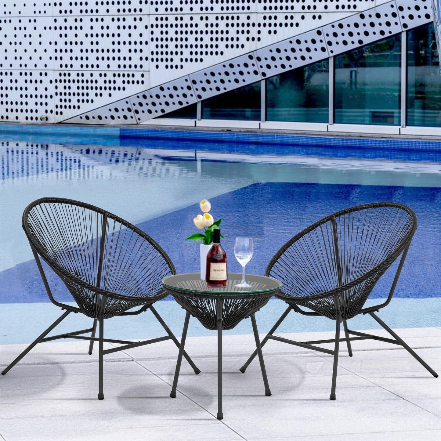 Acapulco Patio Bistro Set 3-Piece Outdoor Furniture Set All-Weather Woven Rope Patio Conversation Set with Glass Top Table and 2 Chairs (Black)-2