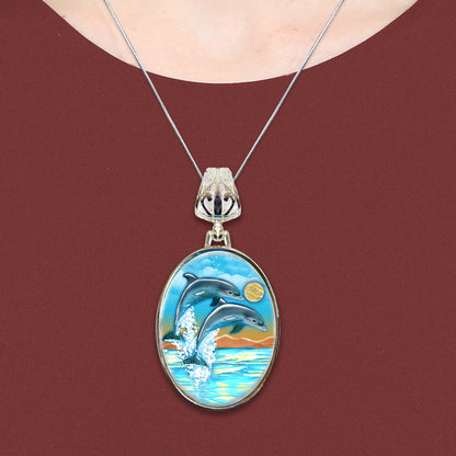 Flying Dolphins Silver Plated Jewelry Mother of Pearl Pendant Necklace - 44011-4
