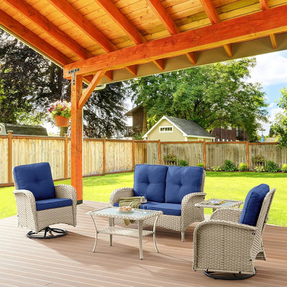 Patio Wicker Chairs Swivel Rocker - Outdoor Swivel Rocking Chairs Set of 2 with Rattan Side Table,3 Piece Patio Swivel Glider Chair Furniture Sets for Patio Porch Pool Light Beige/Blue-4