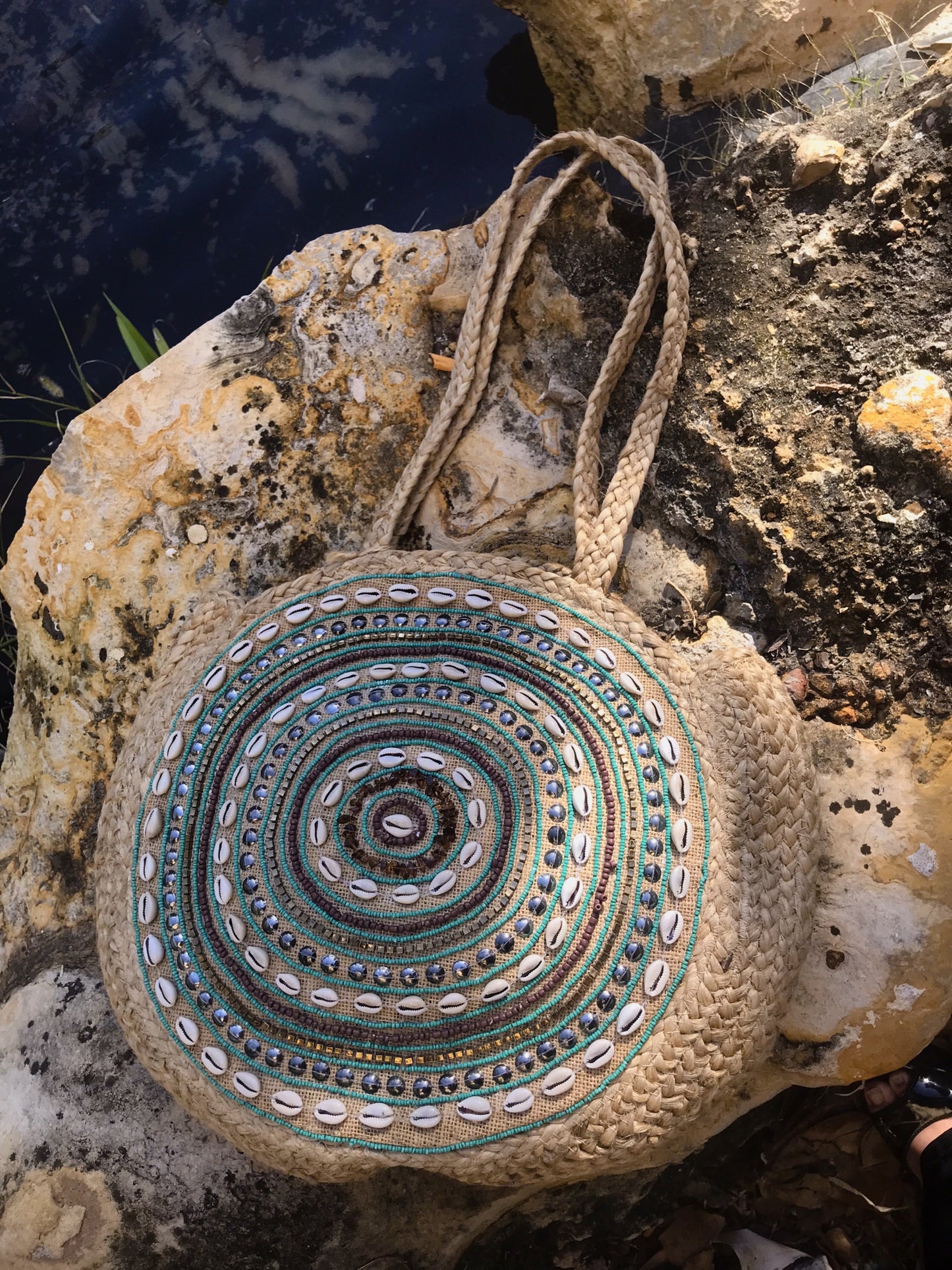 Designed Handmade Beaded Round Jute Bag