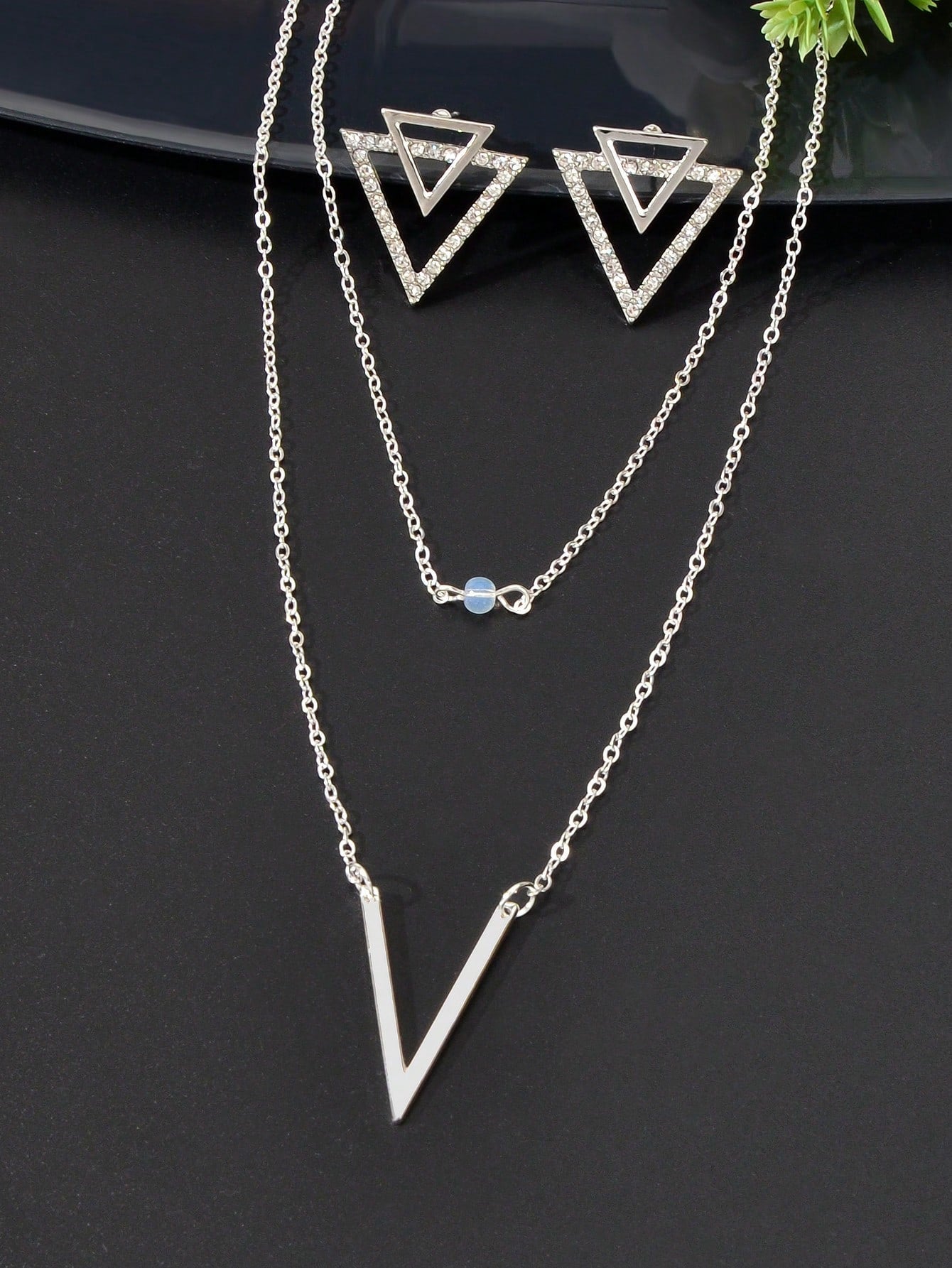 Silver V Pendant Necklace with Triangle Earrings Jewelry Set