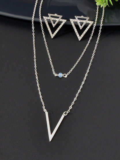 Silver V Pendant Necklace with Triangle Earrings Jewelry Set