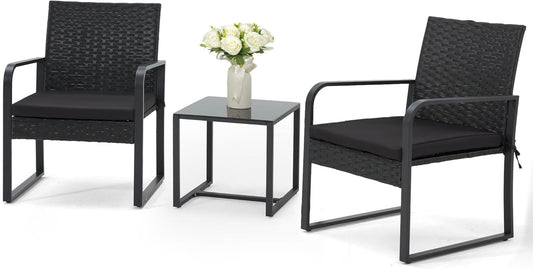 3 Piece Outdoor Patio Furniture Set, Patio Bistro Set Wicker Conversation Set, Modern Rattan Chair with Glass Coffee Table for Backyard, Porches, Poolside, Lawn and Balcony-0