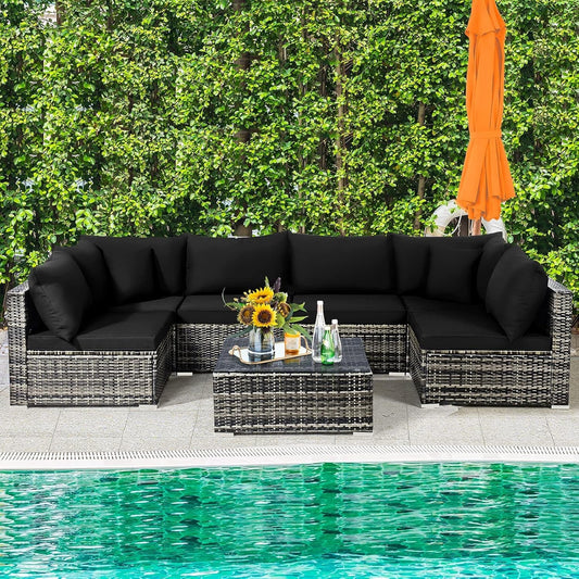 Seven Piece Outdoor Rattan Furniture Set with Cushions