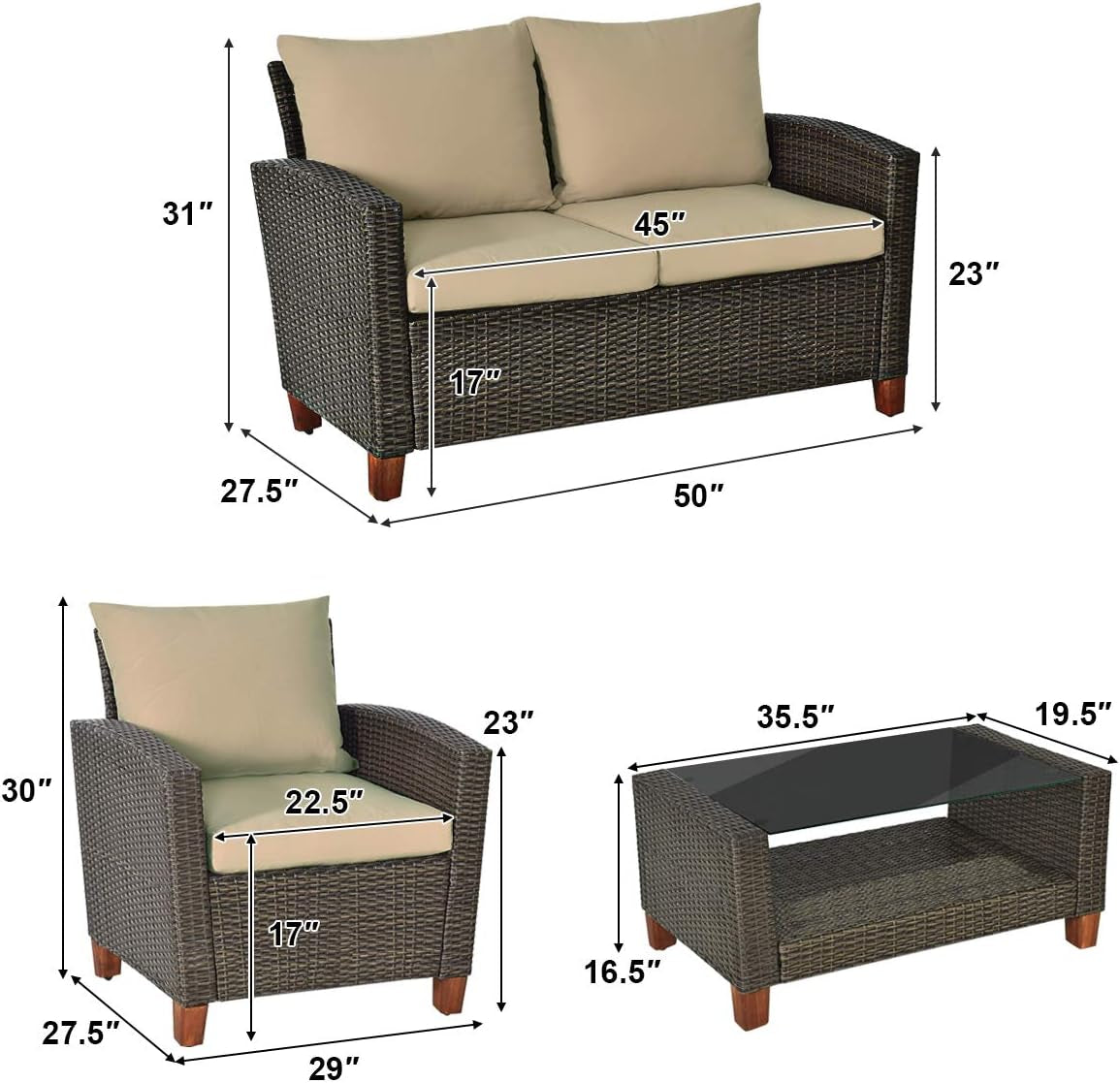 4 Piece Patio Rattan Furniture Set, Onesize, Beige-4