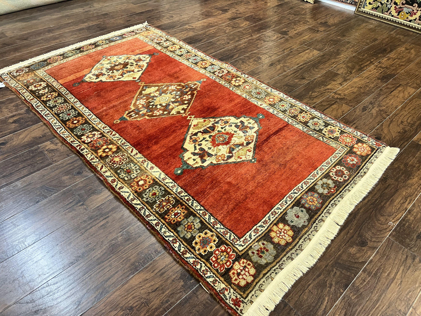 Antique Persian Bidjar Rug 4x8, Triple Medallions, Handmade Oriental Carpet, 1920s Rug, Wool Rug, Red