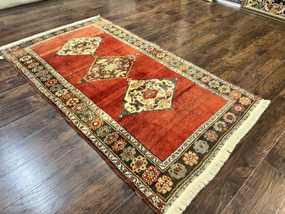 Antique Persian Bidjar Rug 4x8, Triple Medallions, Handmade Oriental Carpet, 1920s Rug, Wool Rug, Red