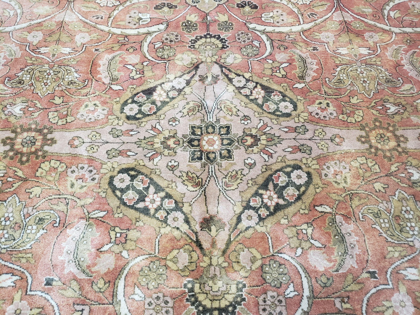 Indo Persian Rug 8x10, Vintage Indian Rug 8 x 10, Fine Hand-Knotted Wool Rug, Rose Clay Red Beige Brown Handmade Area Rug, Floral Medallion-4