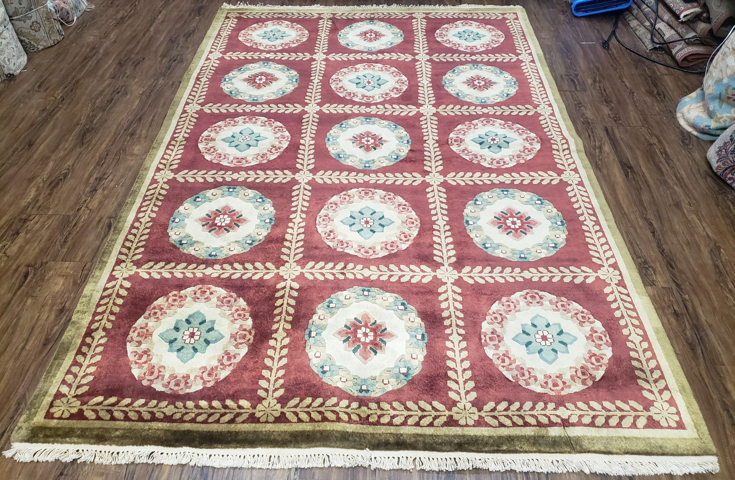 Nepalese Aubusson Panel Rug 6x9, Red & Ivory Soft Plush Tibetan Pile Rug, Wool Hand-Knotted Carpet, 6 x 9 Elegant Area Rug, Office Room Rug-0